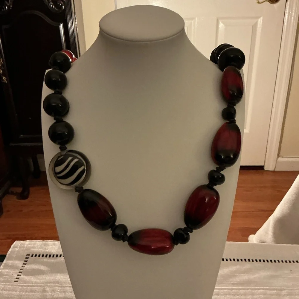 Chico's Vintage Crimson Red and Jet Black Acrylic Cord Necklace